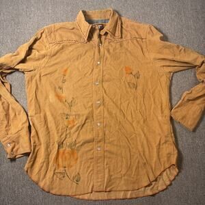 Men’s Vintage Red Pearl Snap Corduroy Shirt Stenciled Boho Large Retro Grunge